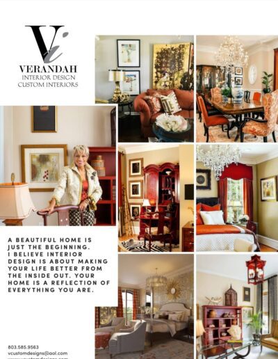 Collage of elegant home interiors with a woman standing beside a chair, showcasing various decorated rooms, lighting fixtures, and furniture. Text highlights Verandah Interior Design services.