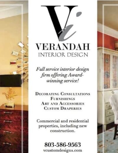 Verandah Interior Design ad showing a decorated living room, company logo, services offered, contact number, and website.