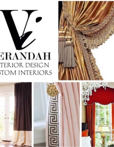 Collage showing the Verandah Interior Design Custom Interiors logo and four examples of luxury curtains and drapery in various colors and styles.